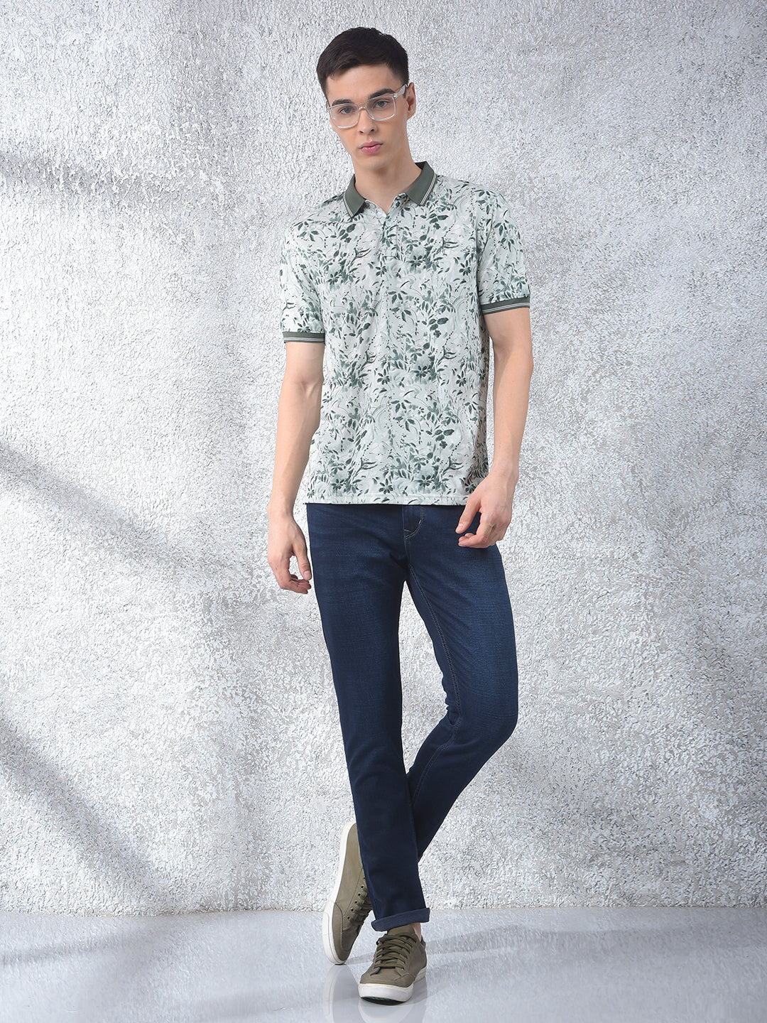Olive Floral Print Polo-Neck T-Shirt