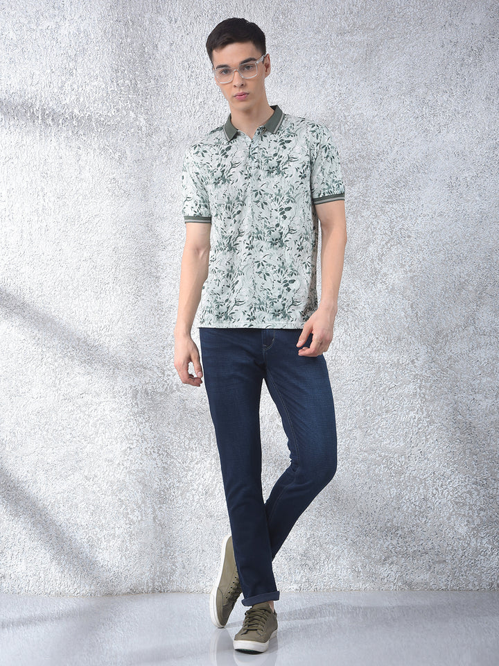 Olive Floral Print Polo-Neck T-Shirt