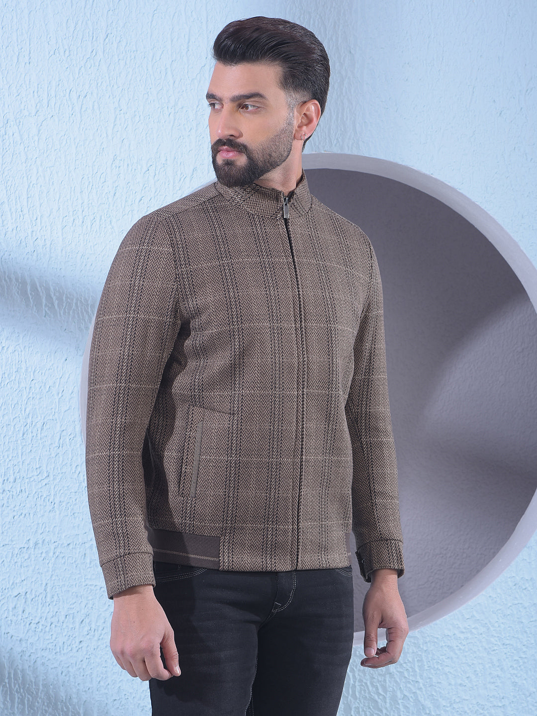 Brown Herringbone Check Bomber Jacket