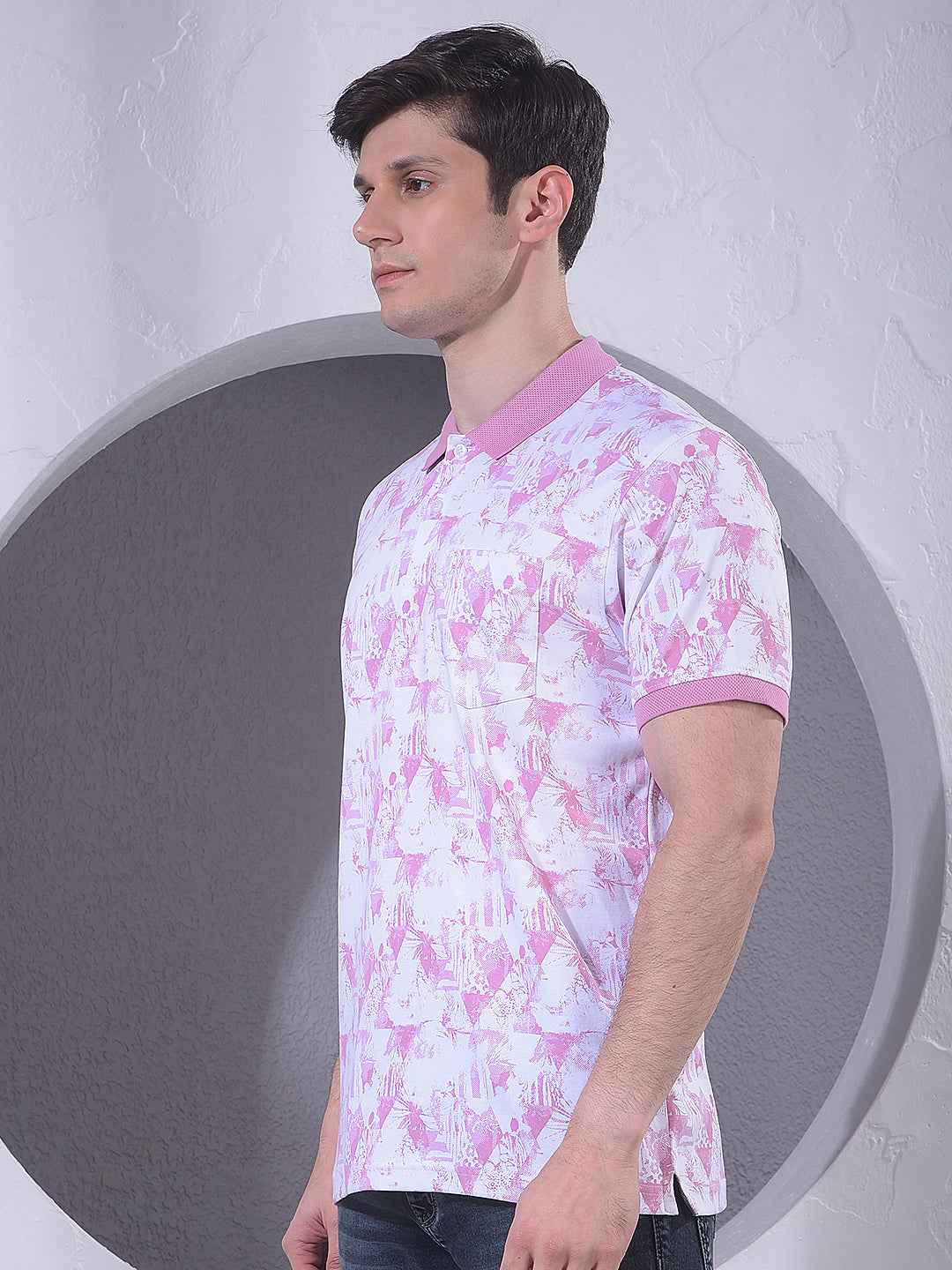 Pink Printed Polo Neck 100% Cotton T-Shirt