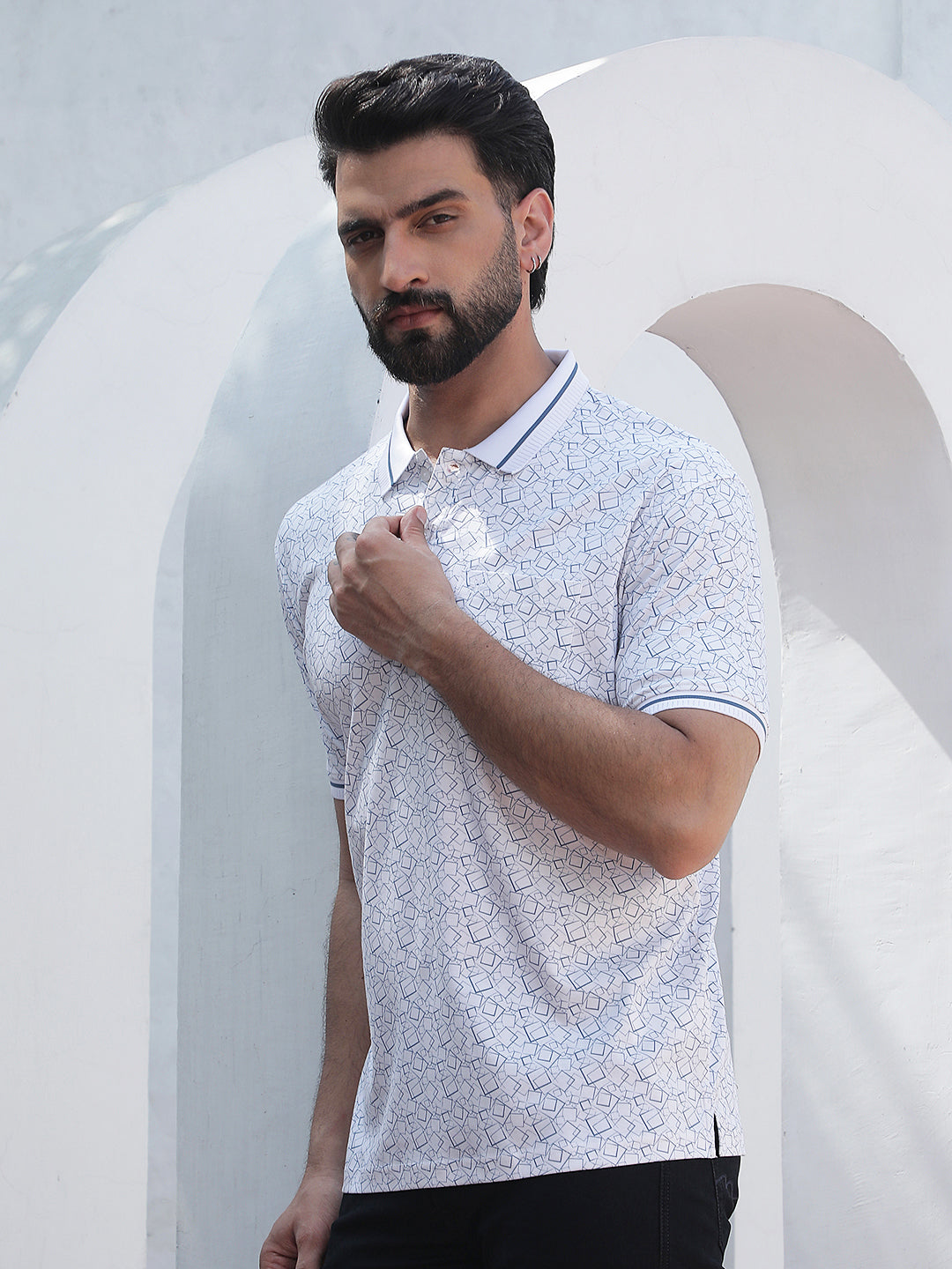 Blue Geometric Print Polo Neck 100% Cotton T-Shirt