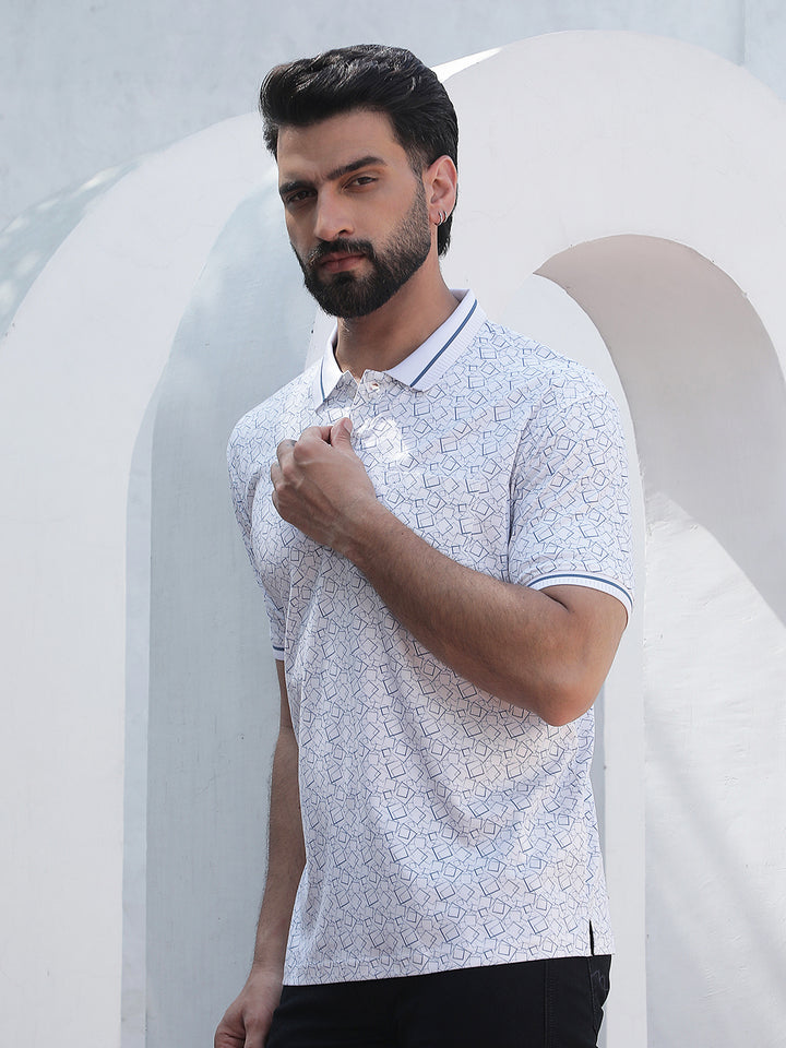 Blue Geometric Print Polo Neck 100% Cotton T-Shirt