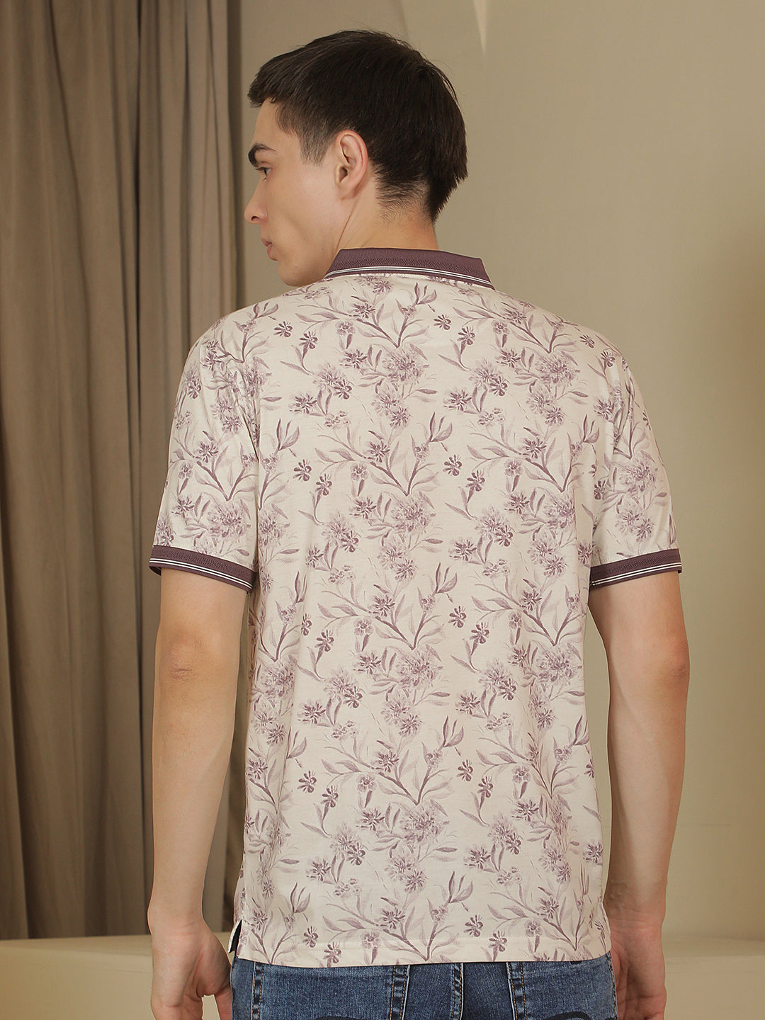 Purple Floral Print Polo Neck T-Shirt