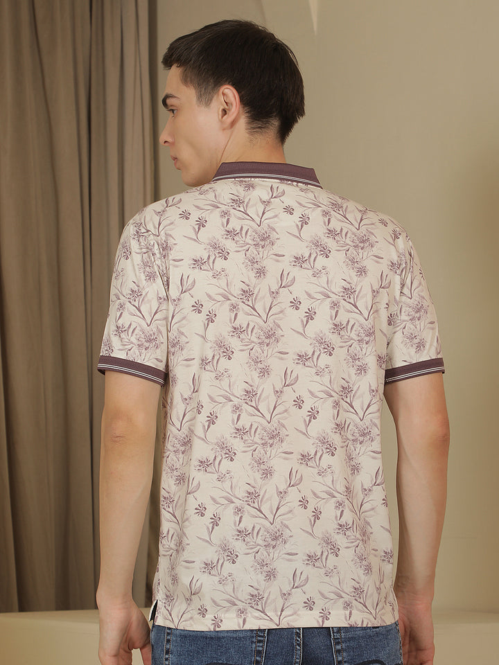 Purple Floral Print Polo Neck T-Shirt