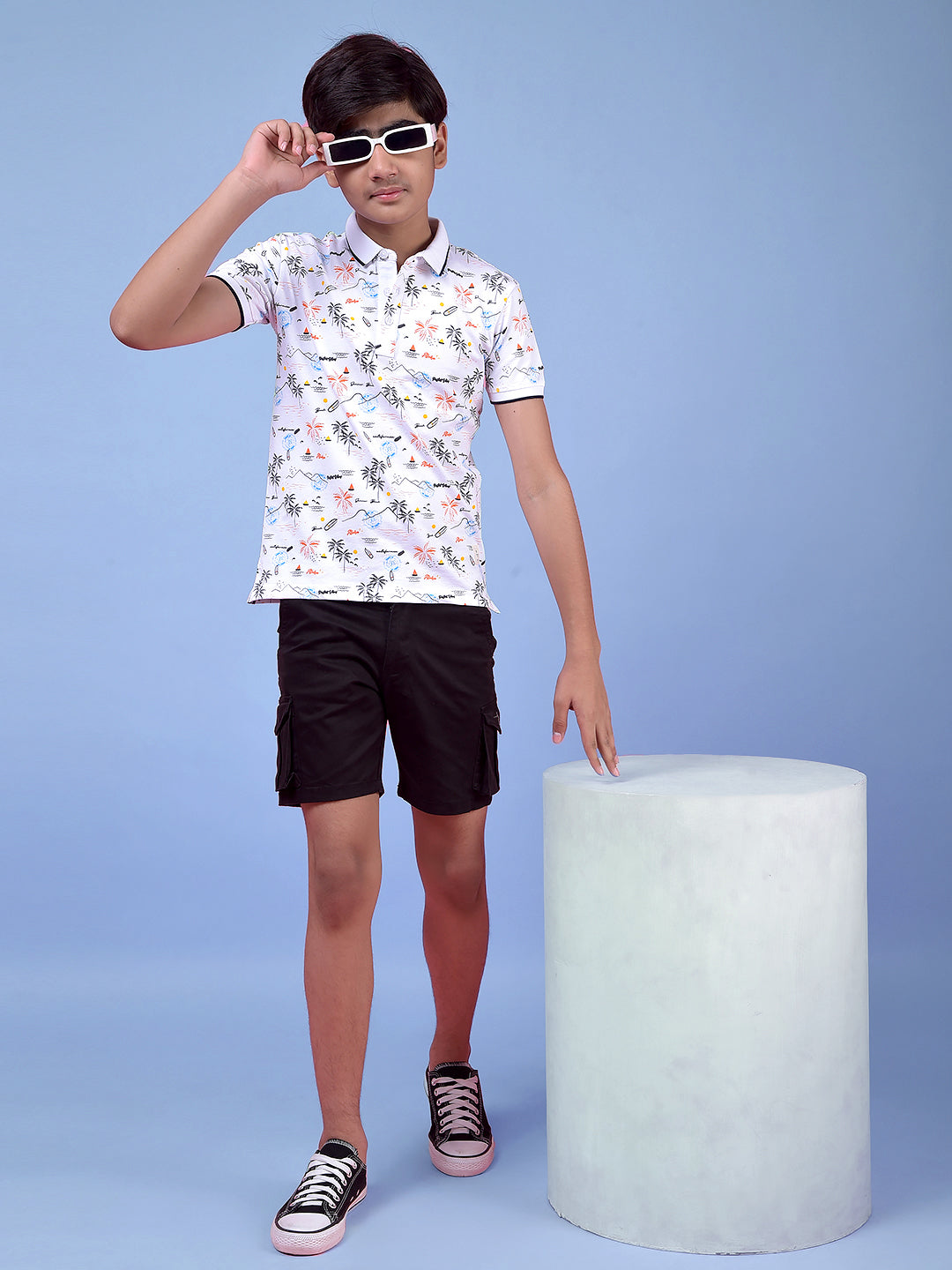 White Floral Print Polo Neck T-Shirt