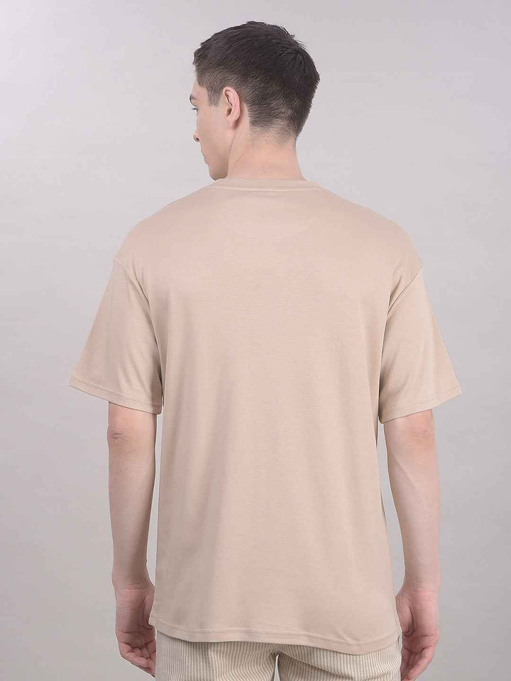 Beige Typographic 100% Cotton Oversize T-Shirt