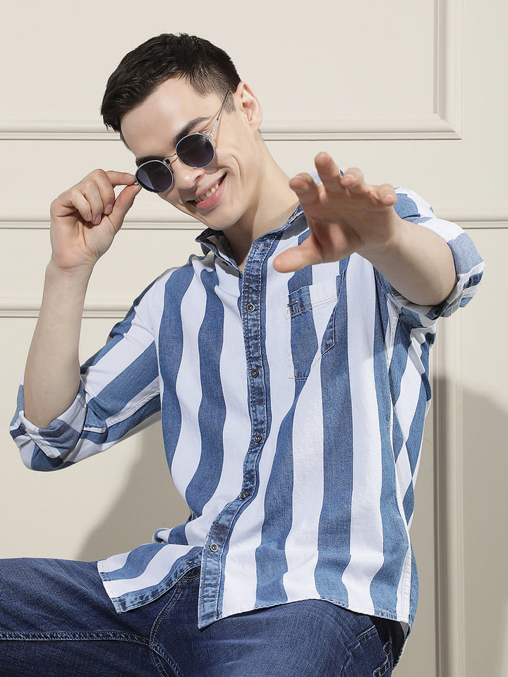 Blue Vertical Stripes 100% Cotton Shirt