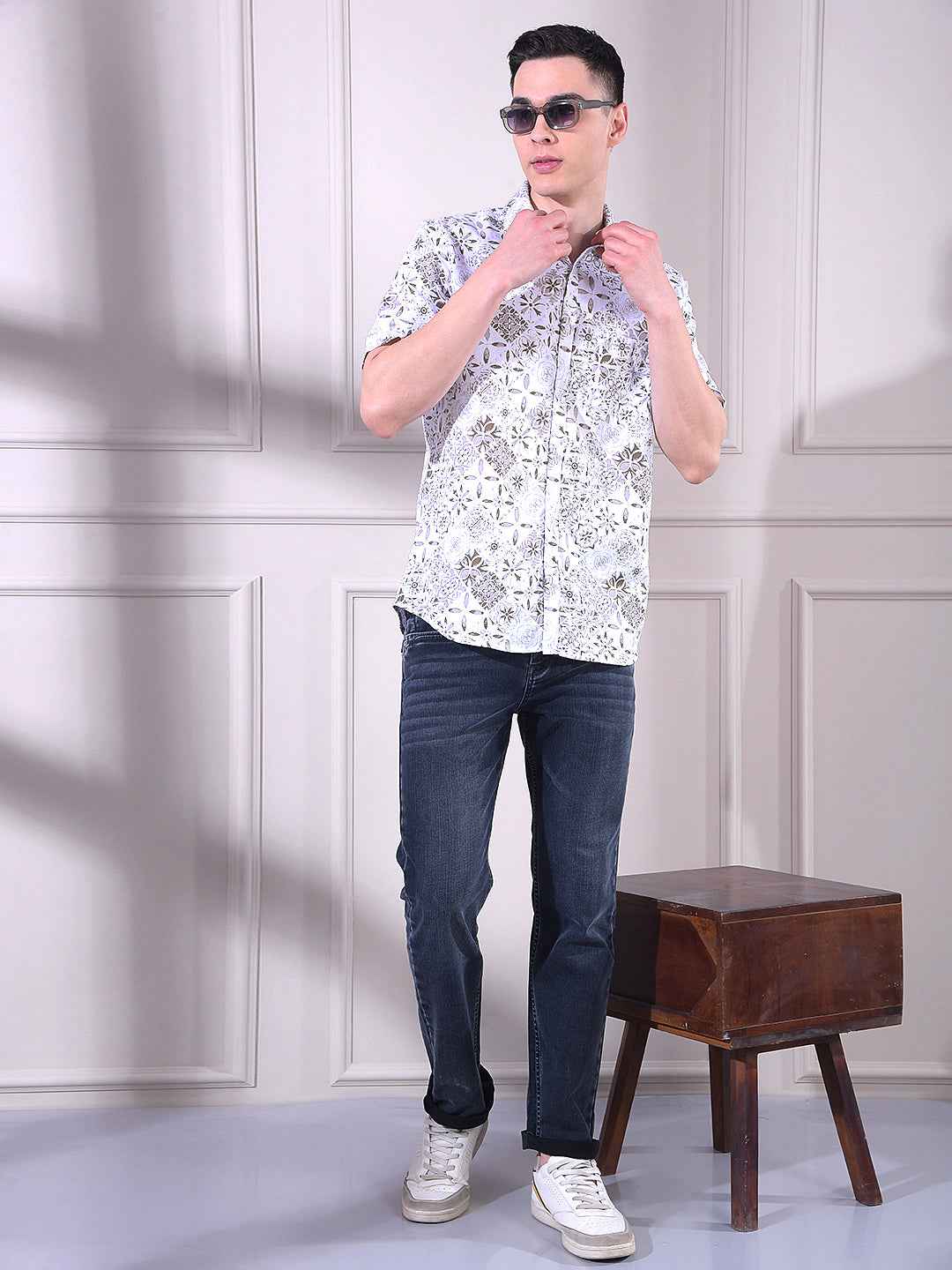 Brown 100% Cotton Floral Print Shirt