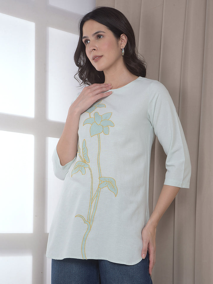 Green Embroidered Linen Longline Top