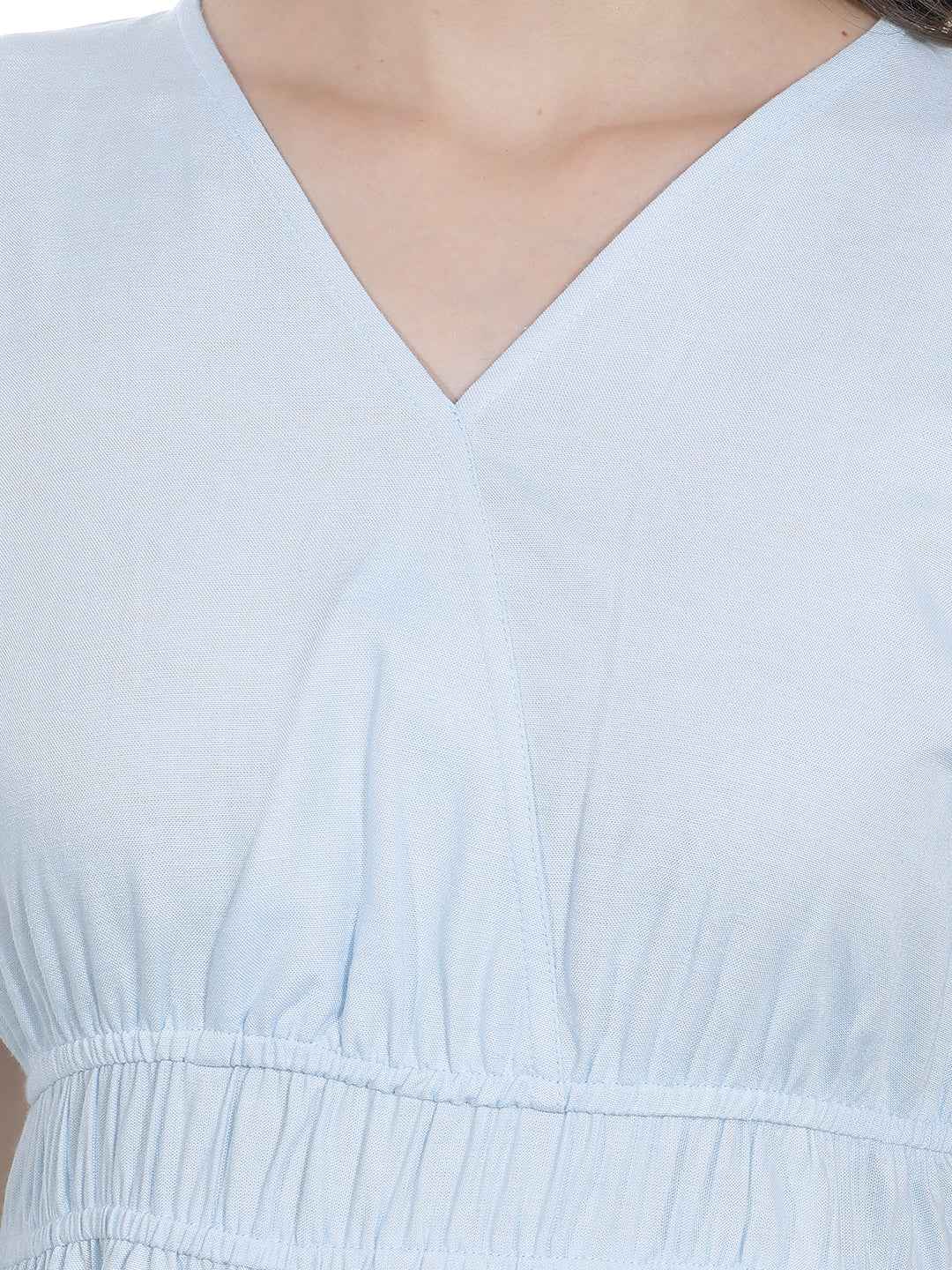 Blue Embroidered V-Neck A-Line Midi  Dress