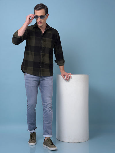 Olive Checked 100% Cotton Corduroy Shirt