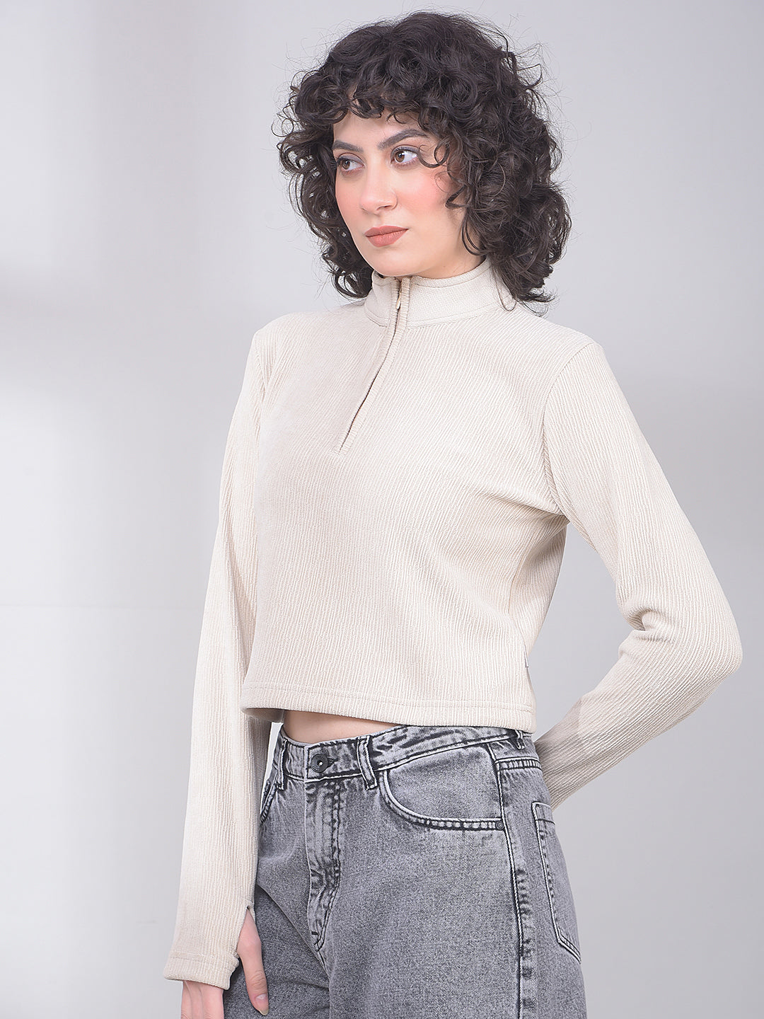 Soft Ivory Ribbed Zip-Neck Crop Top