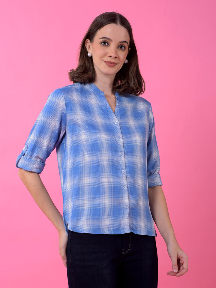 Blue Checked V-Neck Shirt
