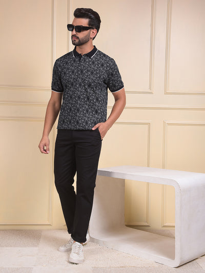 Black Printed Polo Neck T-Shirt