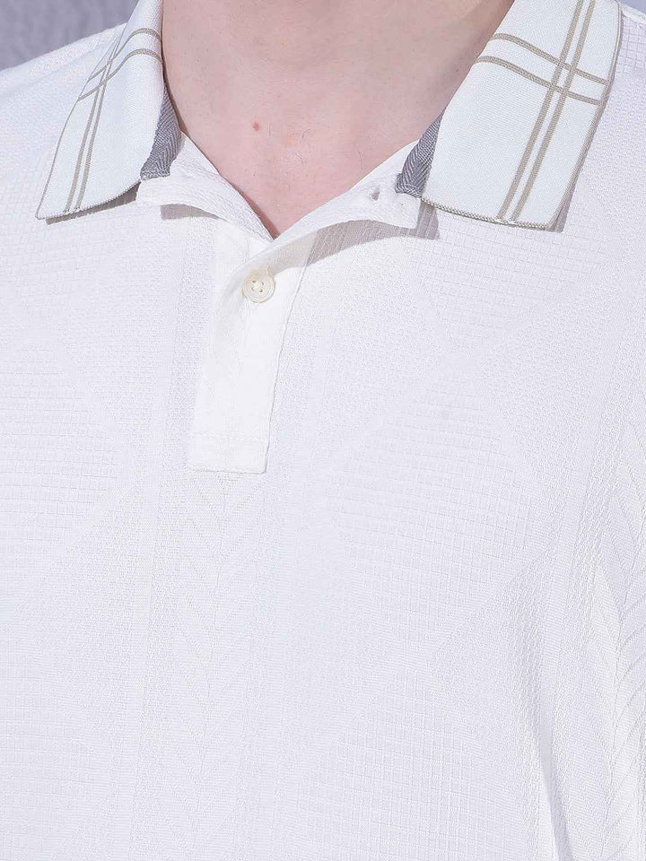 White Jacquard Polo Neck T-Shirt