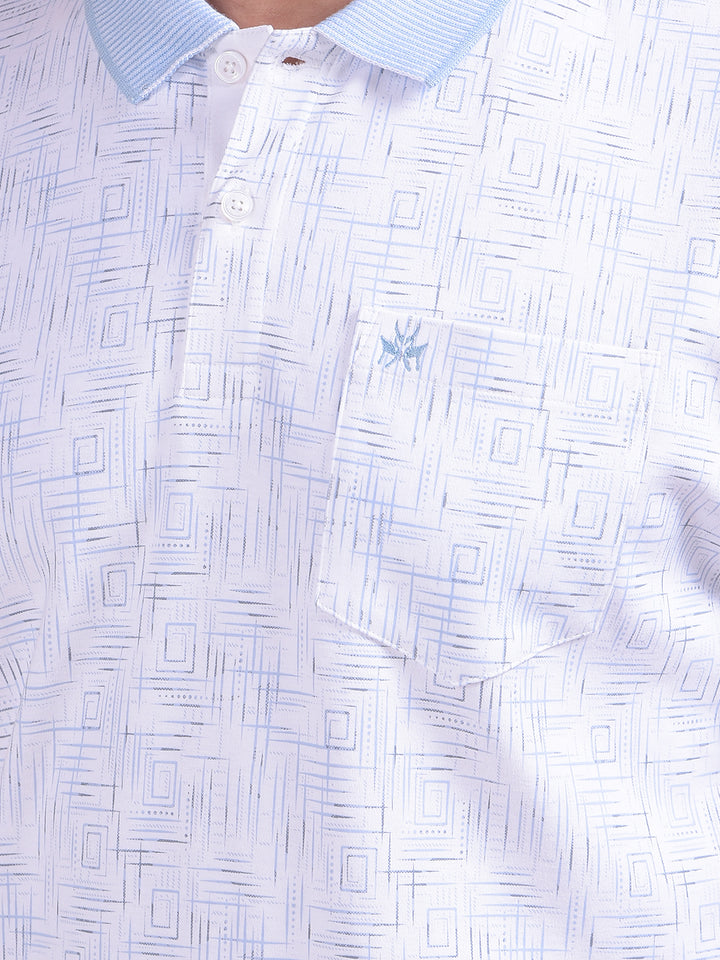 Blue Printed Polo Neck 100% Cotton T-Shirt
