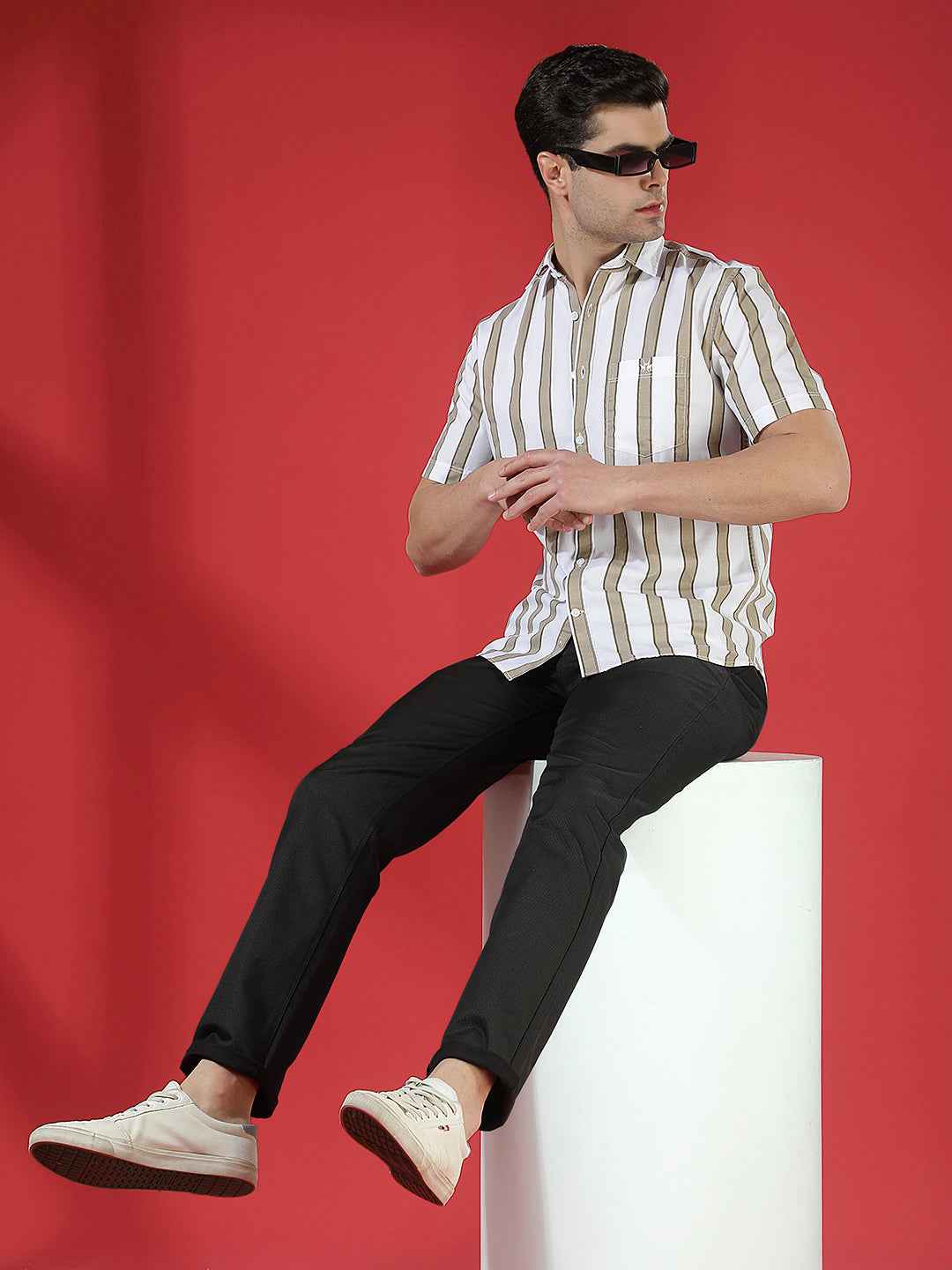 Jet Black 100% Cotton Geometric Print Straight Trousers