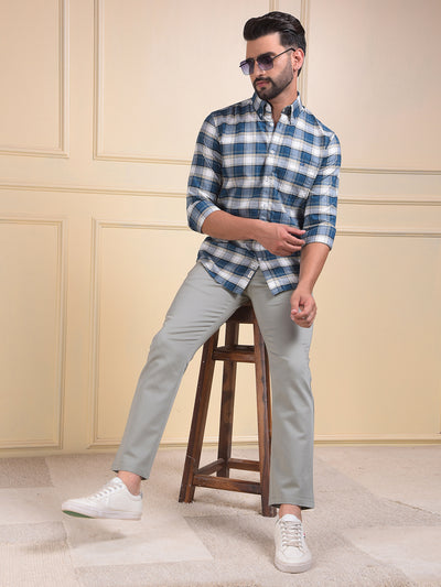 Green Checked Button-Down Collar 100% Cotton Shirt
