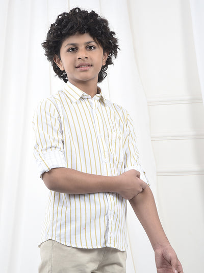 Beige Vertical Stripes 100% Cotton Corduroy Shirt