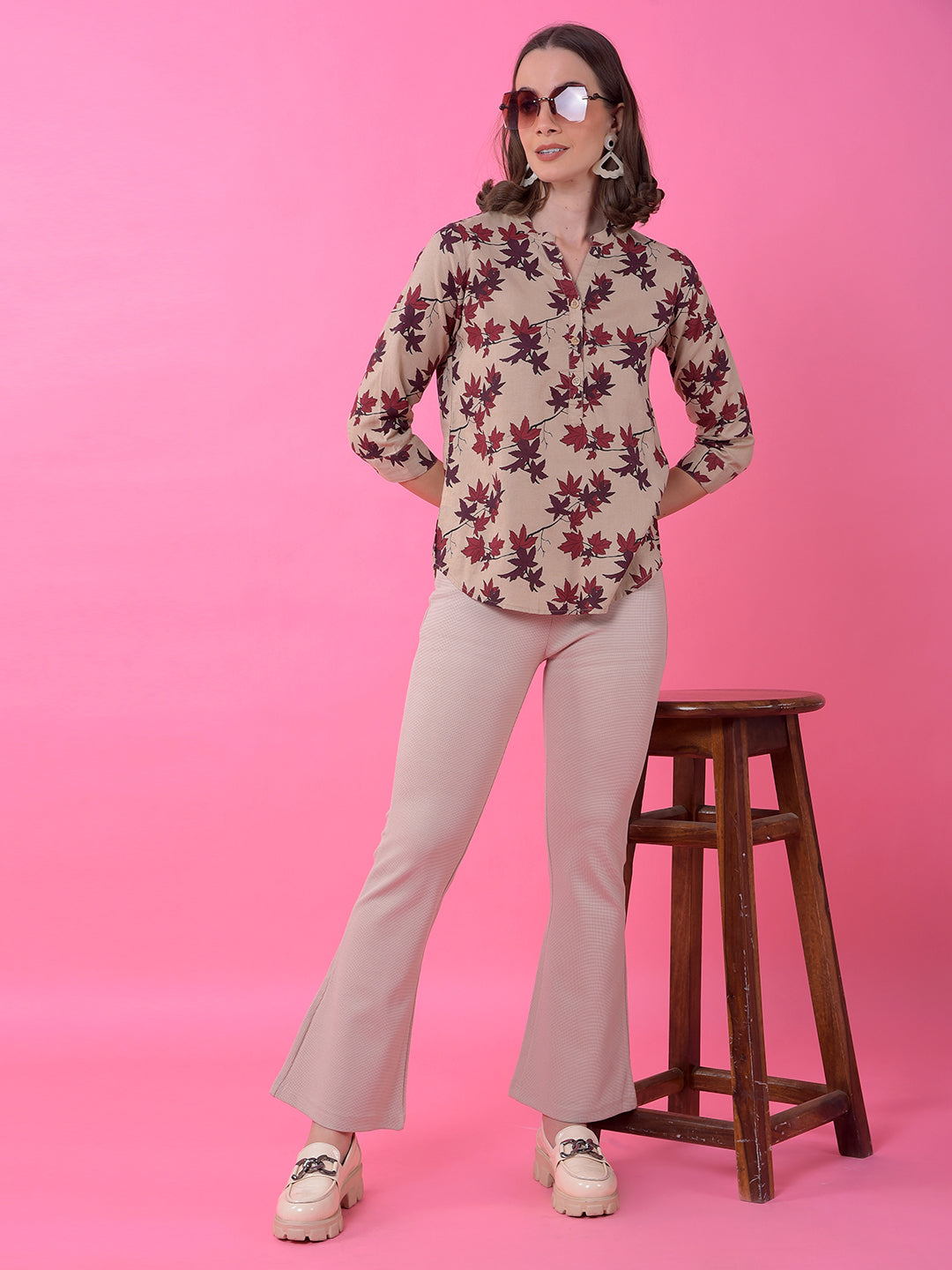 Beige Floral Print V-Neck Linen Top