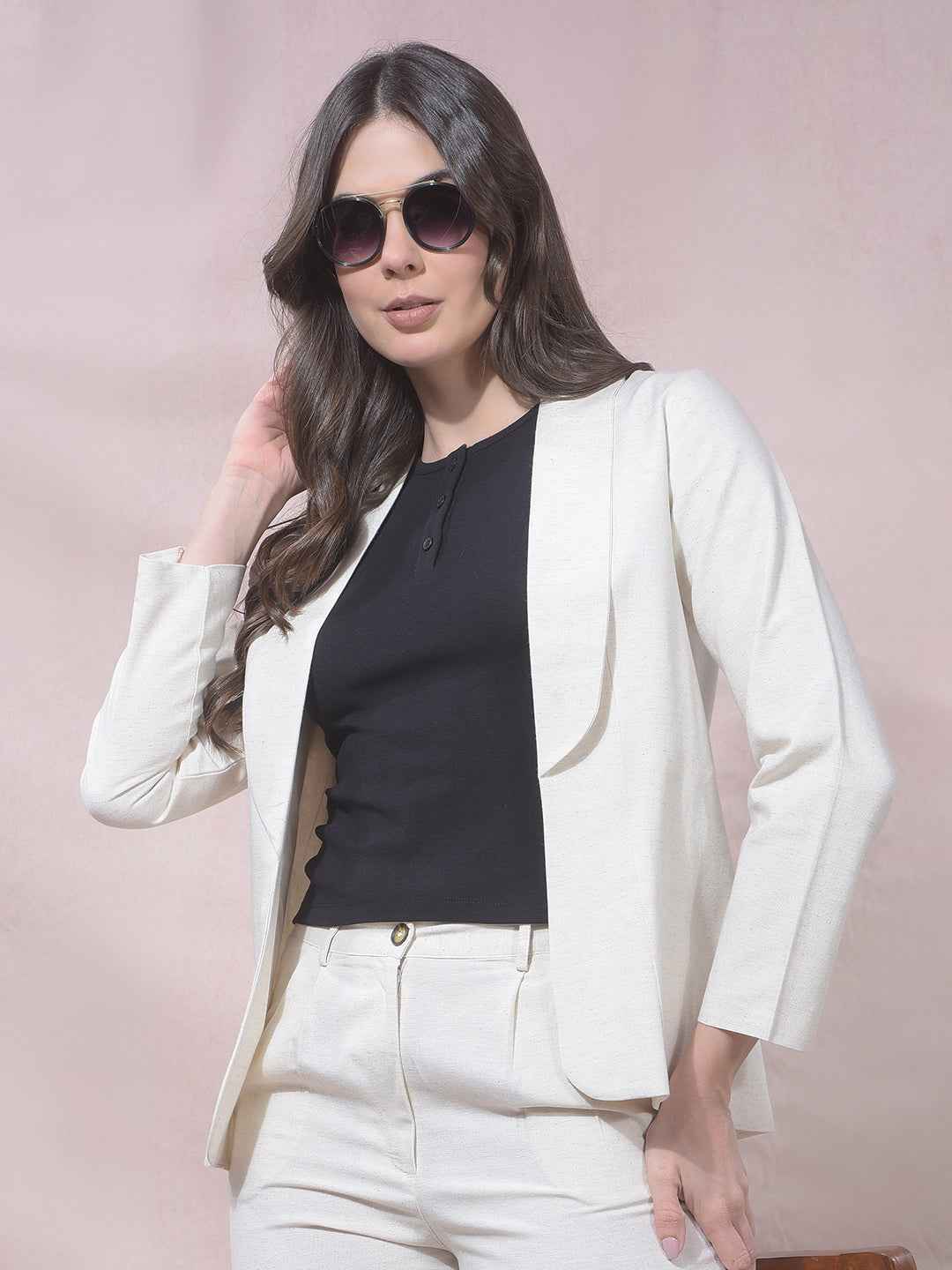 Off White Notched Lapel Open Front Blazer