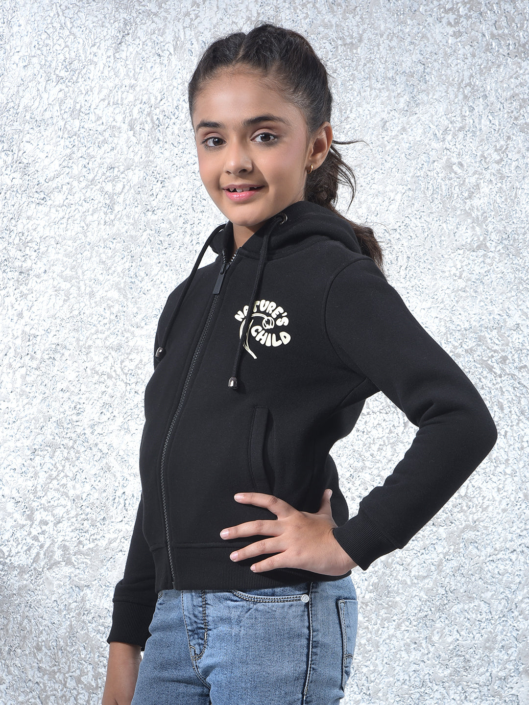 Black Hooded Neck Knitted Sweatshirt