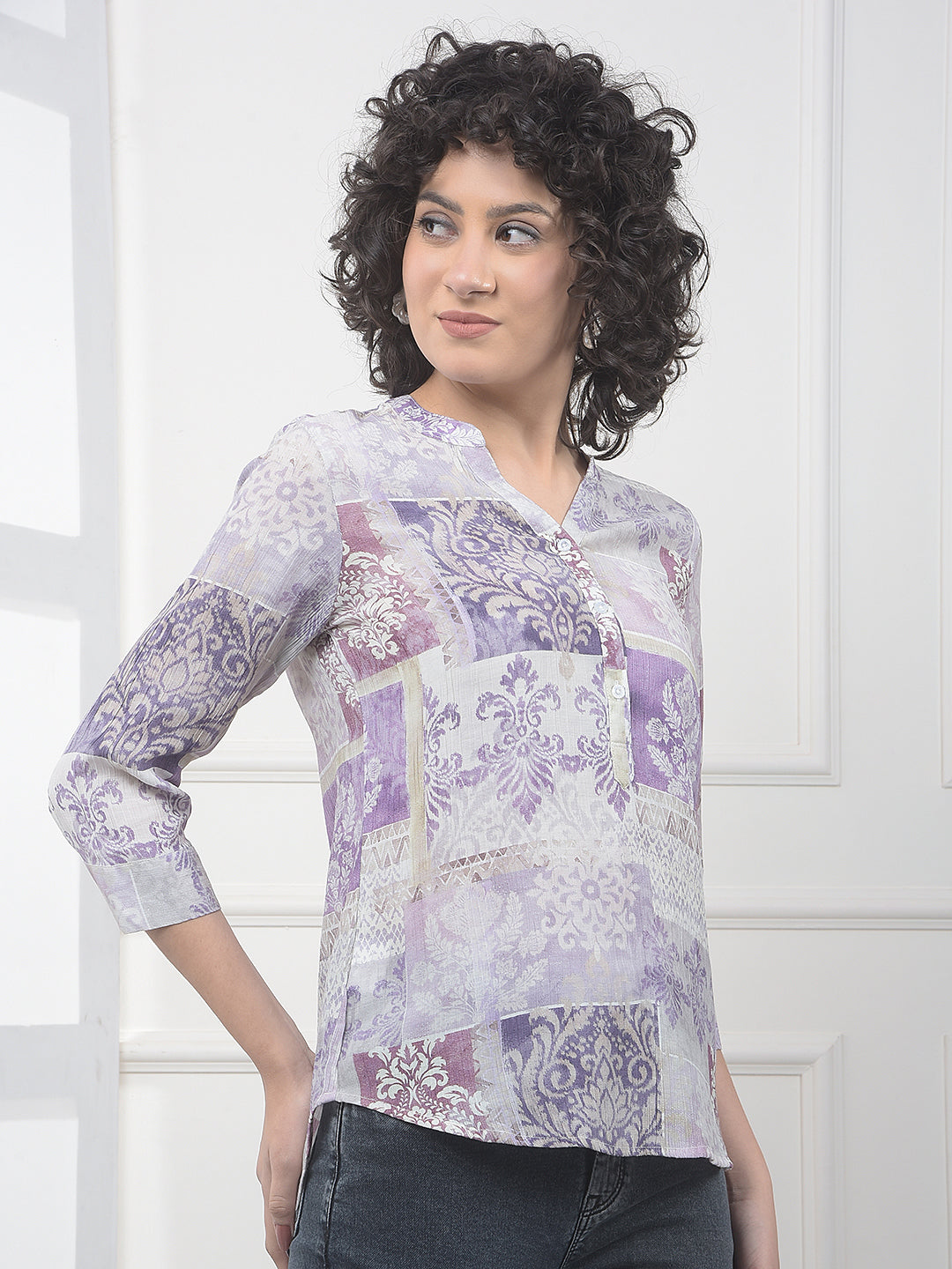 Purple Floral Print V-Neck Top