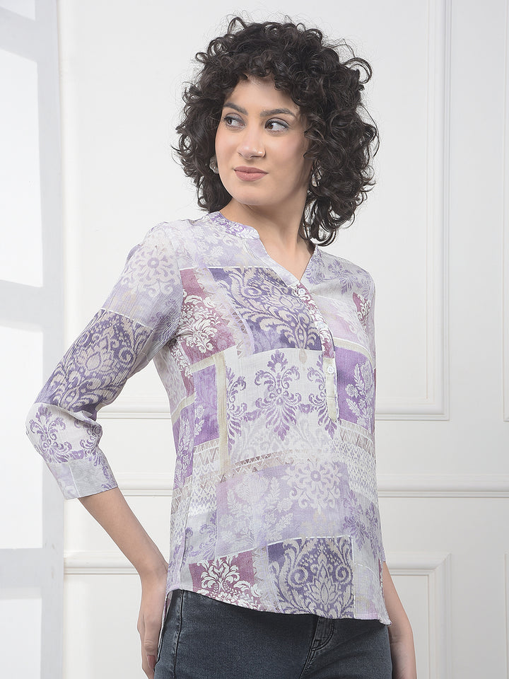 Purple Floral Print V-Neck Top