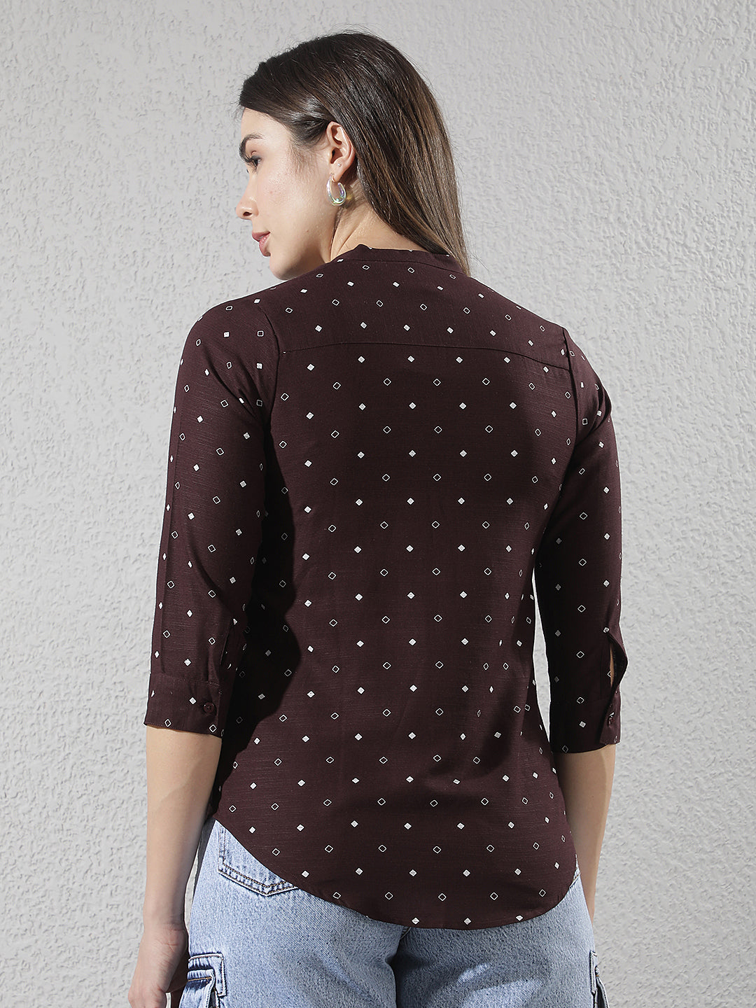Wine Printed V-Neck Linen Shirt