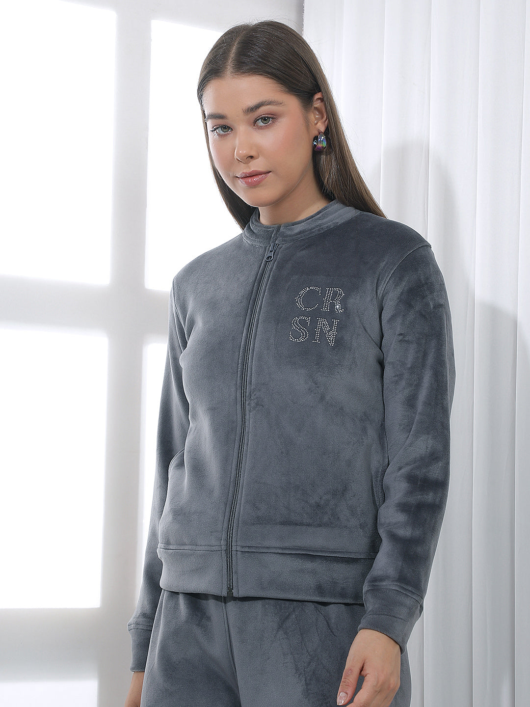 Grey Embellished Mock Neck Sweatshirt