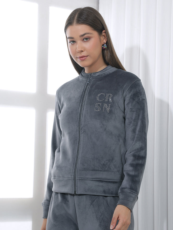 Grey Embellished Mock Neck Sweatshirt