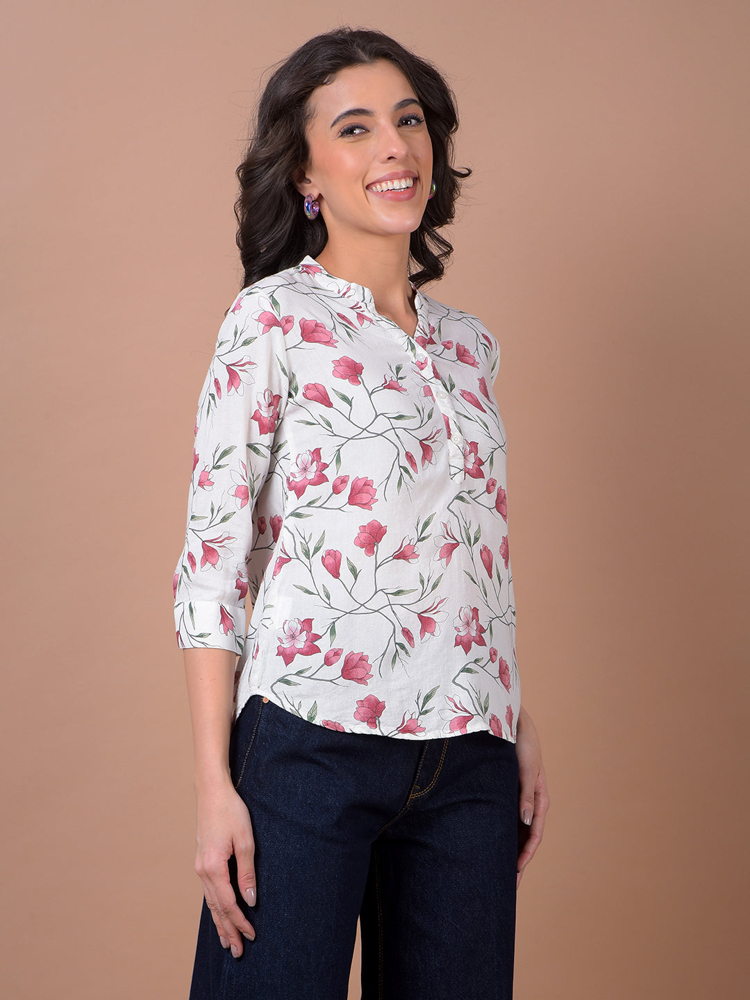 Green Floral Print V-Neck Linen Top