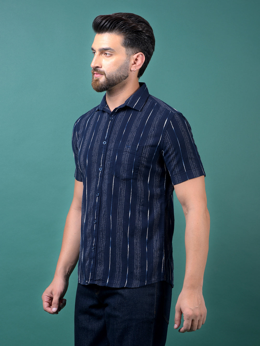 Navy Blue Vertical Stripes 100% Cotton Shirt-Men Shirts-Crimsoune Club
