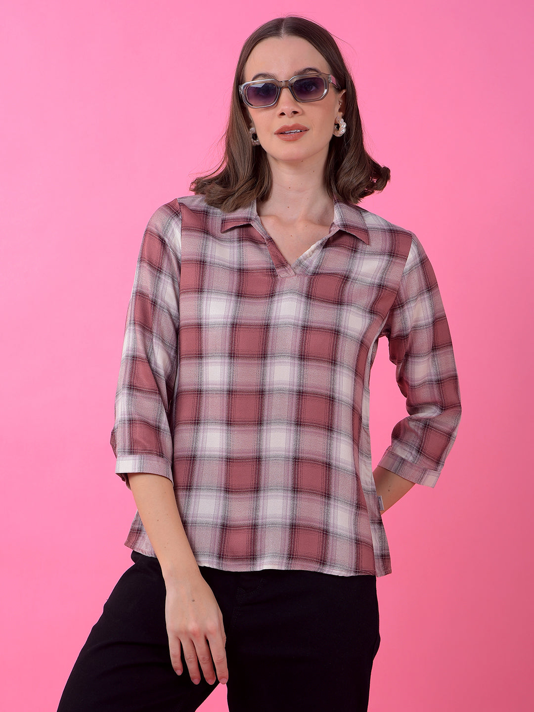 Pink Checked V-Neck Top
