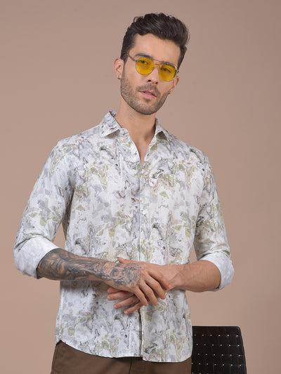 Green Abstract Print Linen Shirt