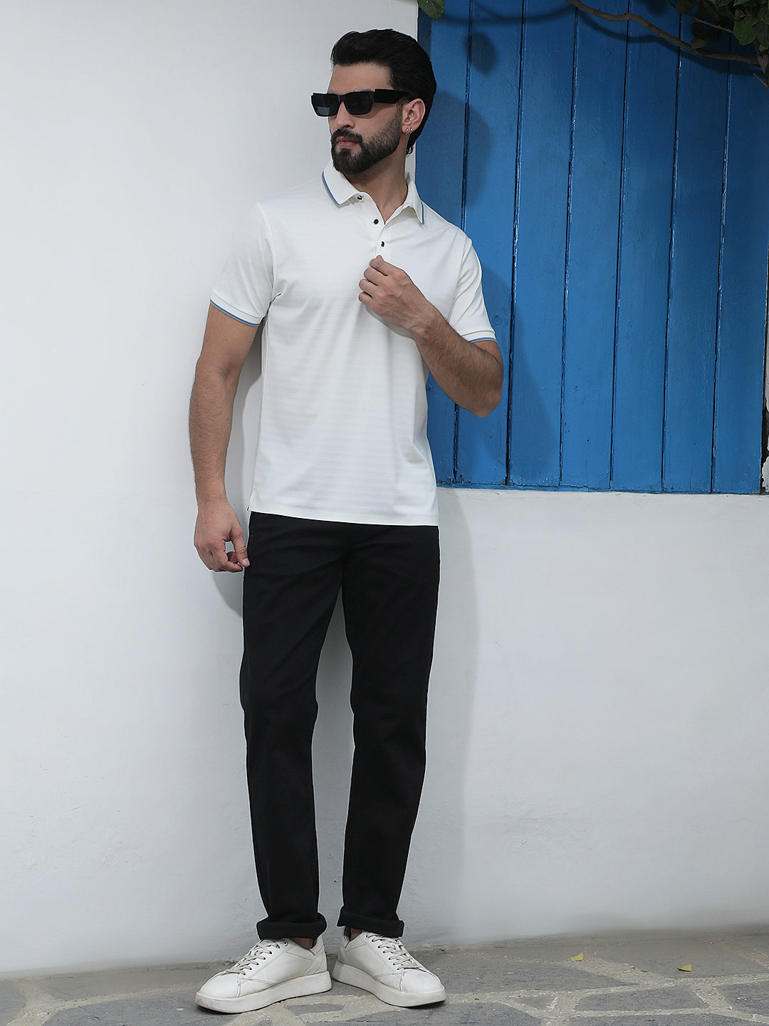 White Horizontal Stripes Polo Neck T-Shirt