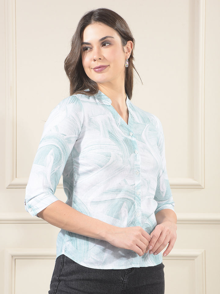 Green Abstract Print V-Neck Linen Shirt