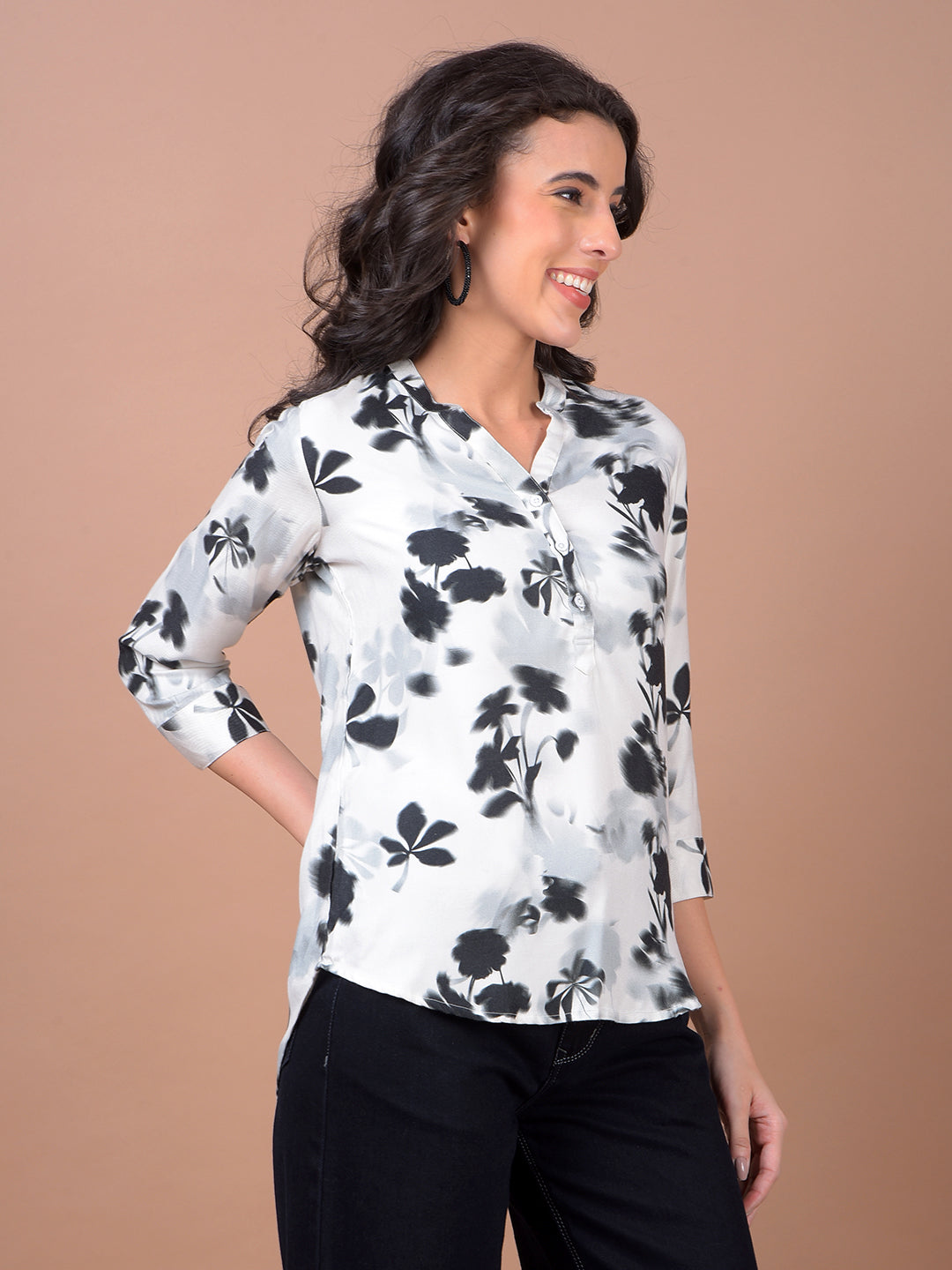 Black Floral Print V-Neck Top