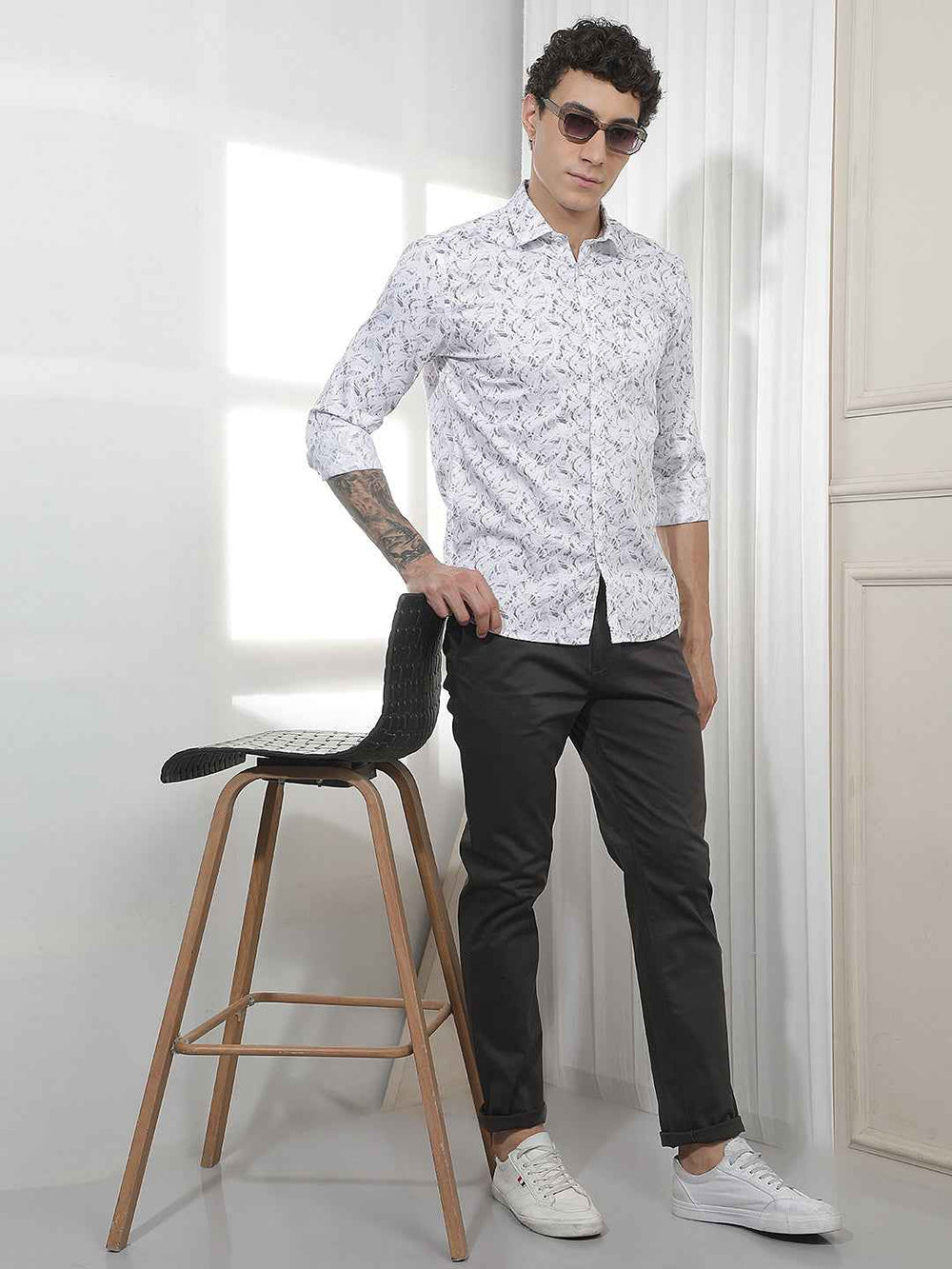 White Abstract Print 100% Cotton Shirt