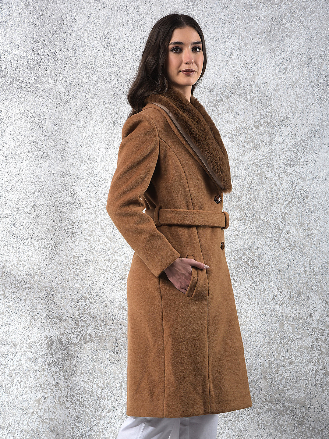 Brown Notched Lapel Overcoat With Belt