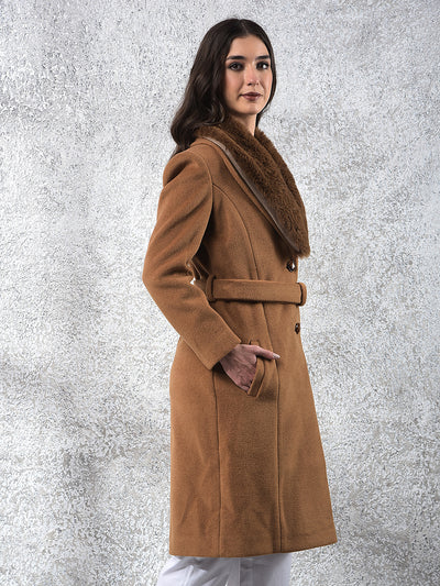 Brown Notched Lapel Overcoat With Belt