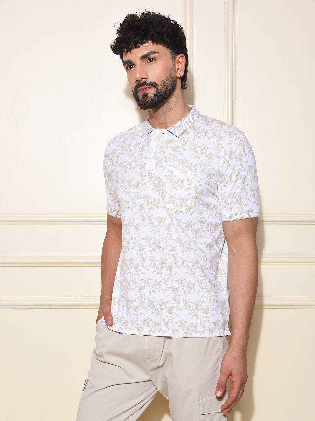 Olive Floral Print Polo-Neck T-Shirt