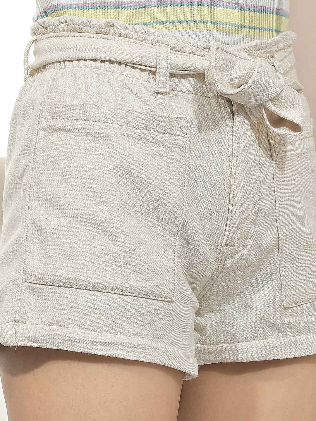 Beige 100% Cotton Hot Pants With Belt