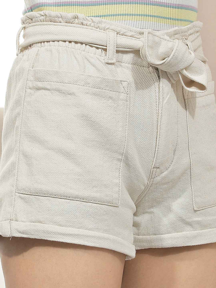 Beige 100% Cotton Hot Pants With Belt