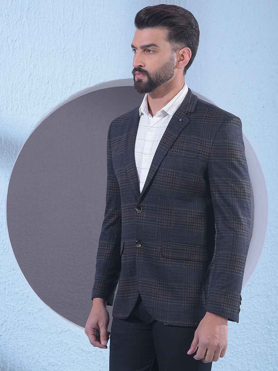 Brown Checked Notched Lapel Single Breasted Blazer