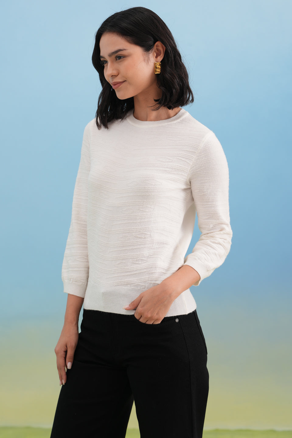 White Minimal Jacquard Knit Sweater