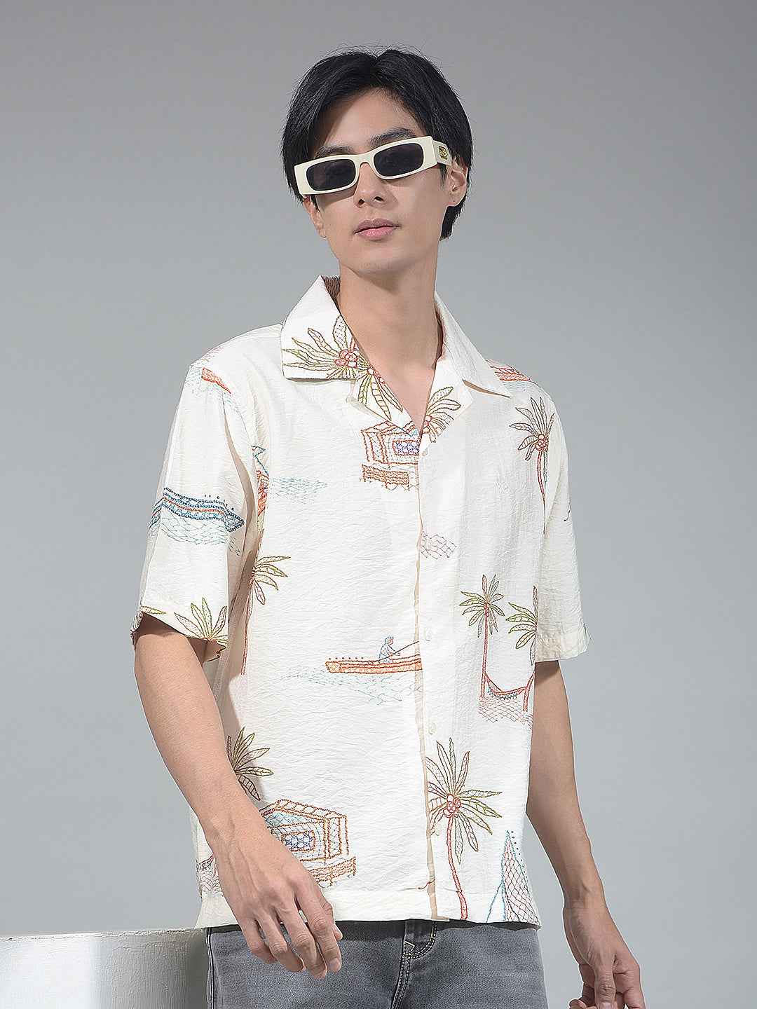 Beige Botanical Print Resort-Collar Shirt