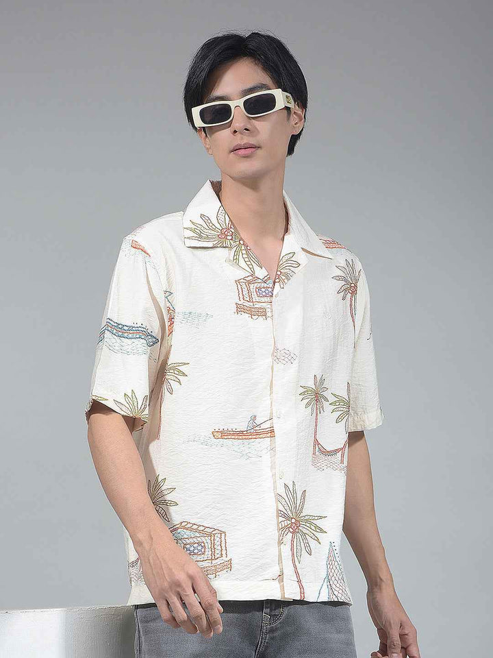 Beige Botanical Print Resort-Collar Shirt