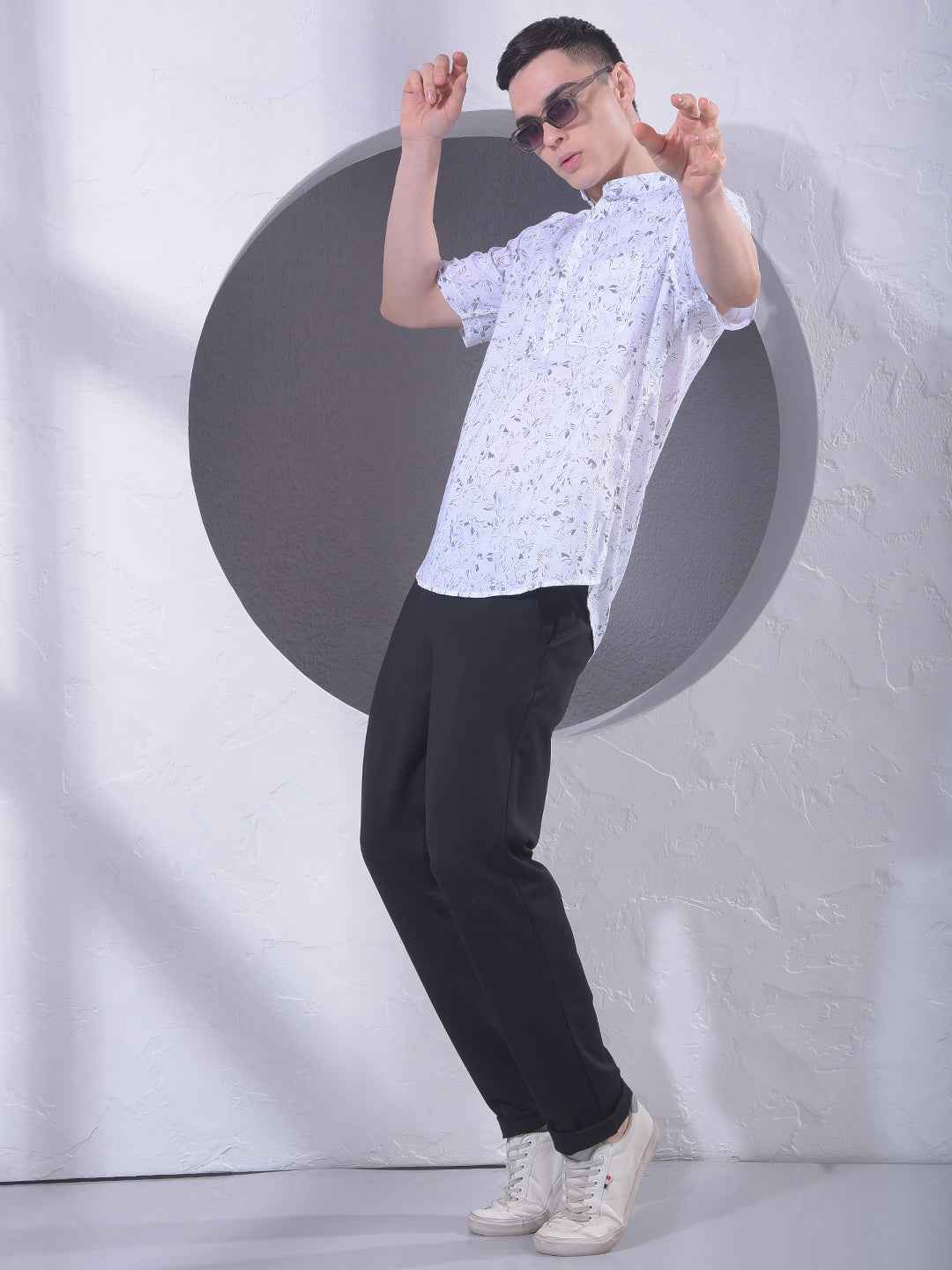 White Floral Print Linen Kurta
