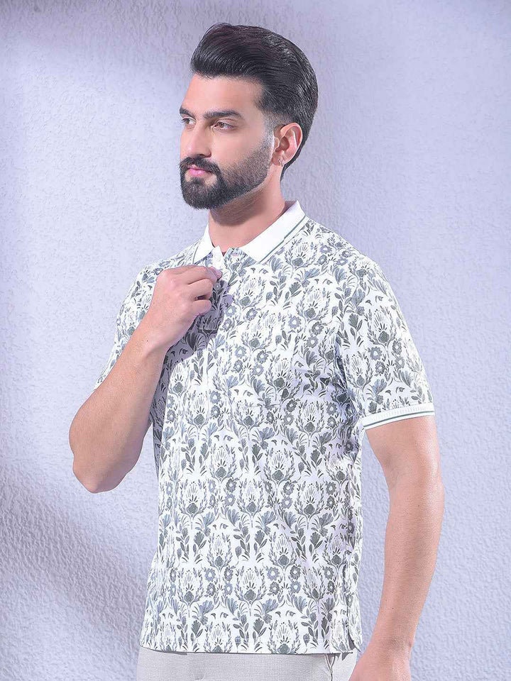 Green Floral Print Polo Neck T-Shirt